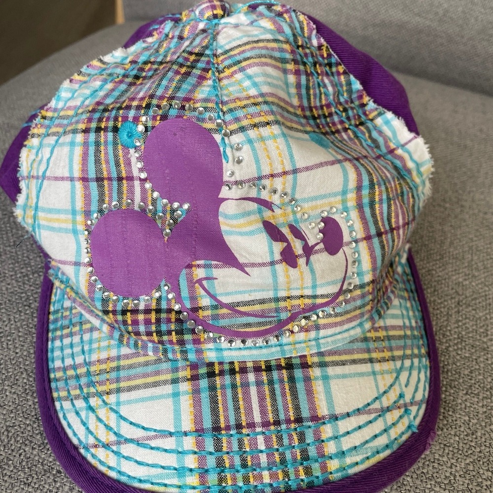 Disney Mickey Mouse Plaid‎ Patchwork Purple Blue Hat Toddler Size Adjustable